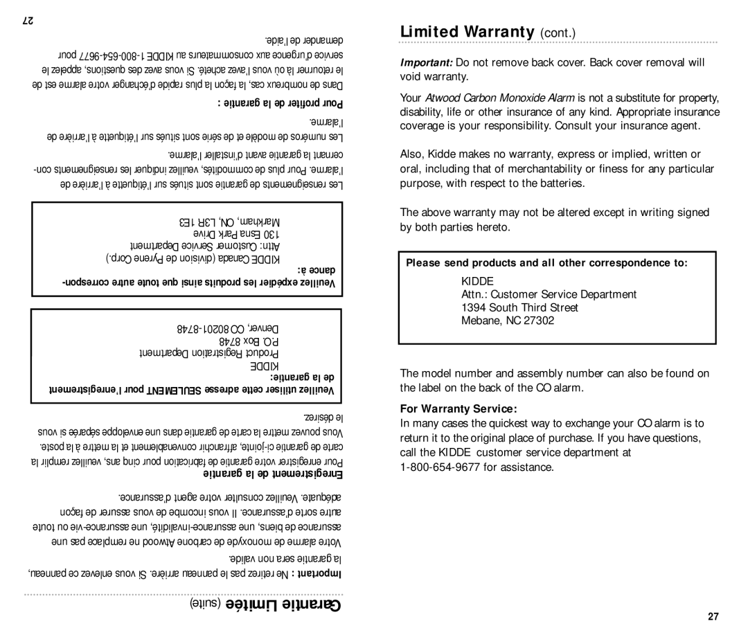 Atwood Mobile Products KN-COPP-B manual suite Limitée Garantie, Limited Warranty cont, garantie la de profiter Pour 