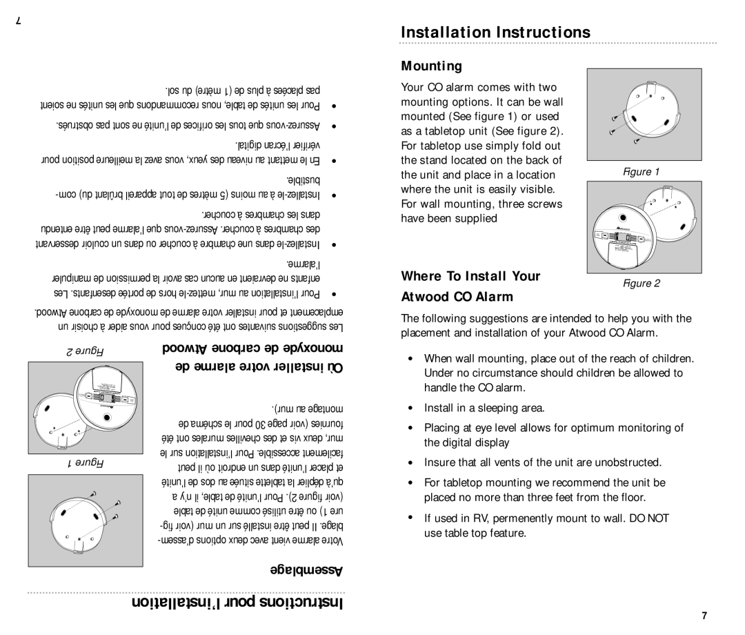 Atwood Mobile Products KN-COPP-B manual Installation Instructions, Mounting, Where To Install Your Atwood CO Alarm 