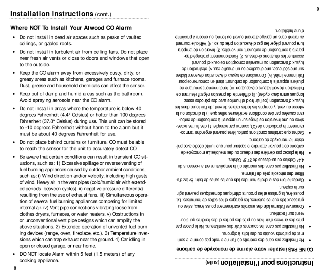 Atwood Mobile Products KN-COPP-B manual Installation Instructions cont, Where NOT To Install Your Atwood CO Alarm 