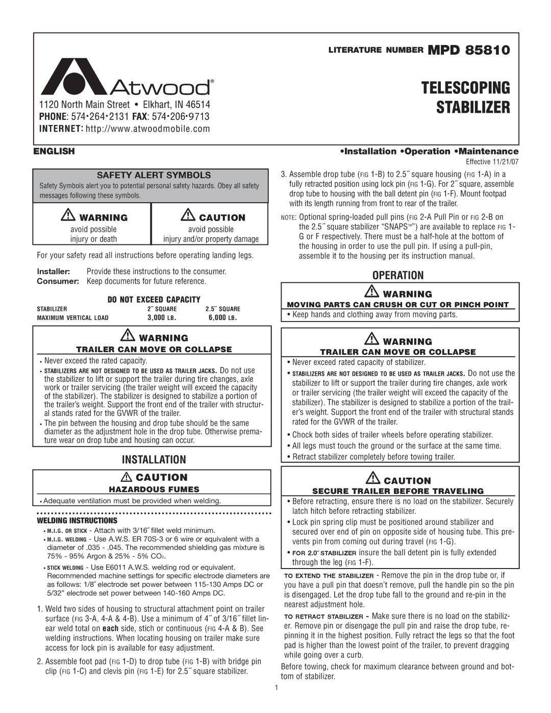 Atwood Mobile Products MPD 85810 instruction manual Operation, Installation 