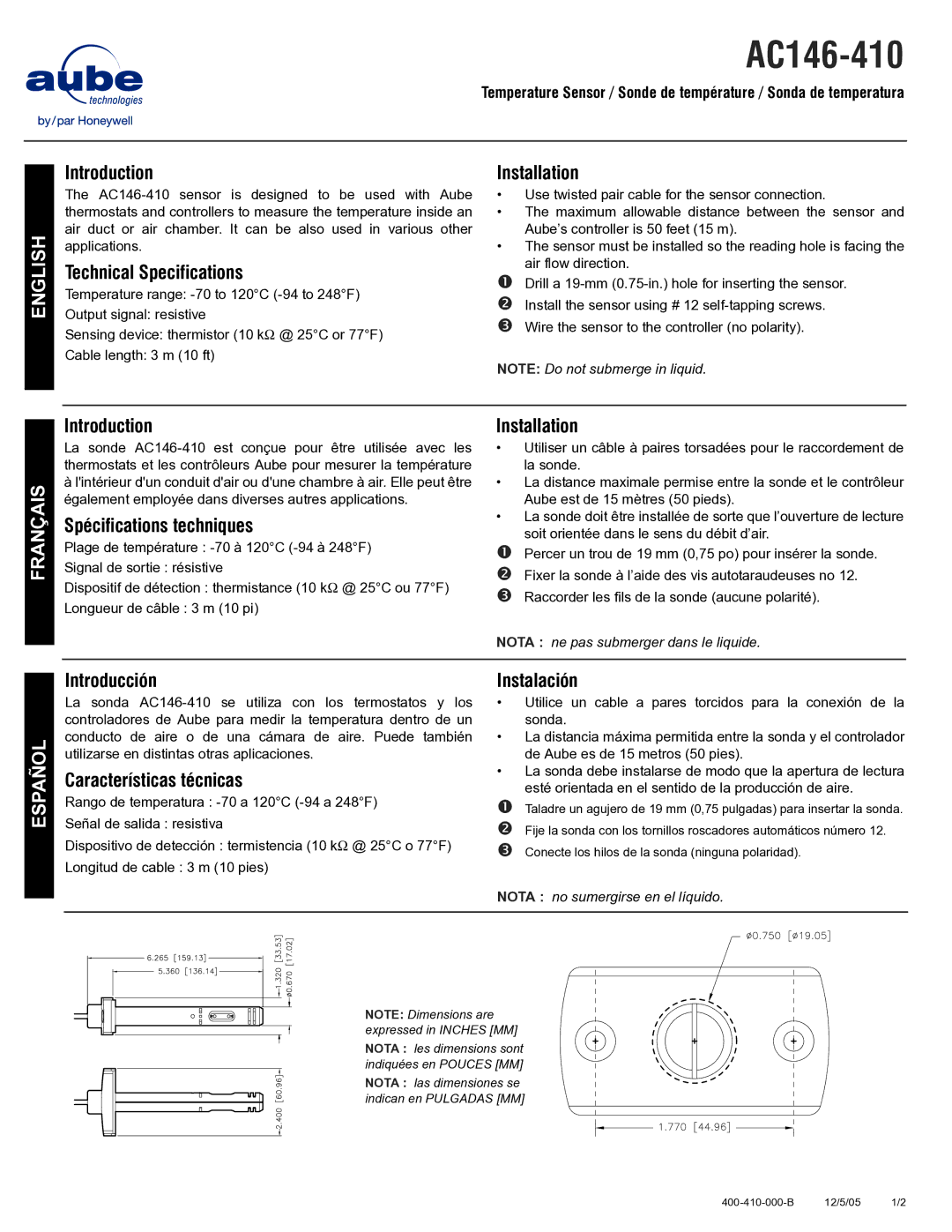 Aube Technologies AC146-410 technical specifications English, Français, Español 