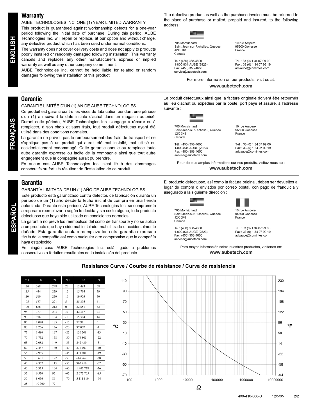 Aube Technologies AC146-410 technical specifications Warranty, Garantie, Garantía 