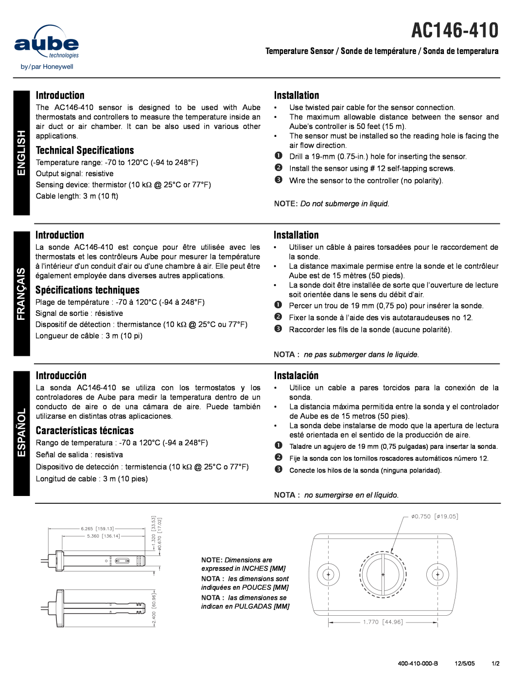 Aube Technologies AC146-410 technical specifications English, Introduction, Technical Specifications, Installation 
