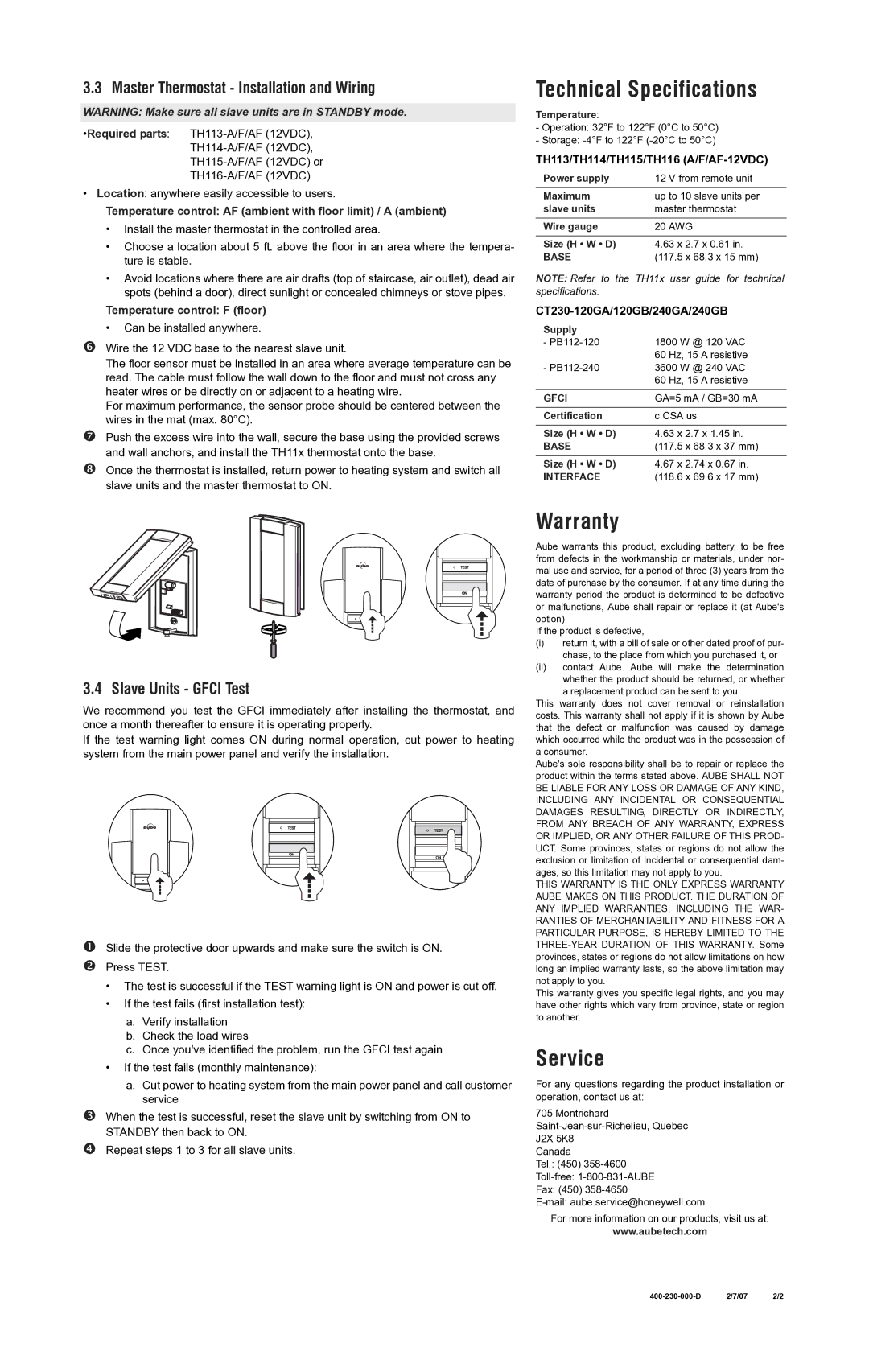 Aube Technologies CT230-240GB Technical Specifications, Warranty, Service, Master Thermostat Installation and Wiring 