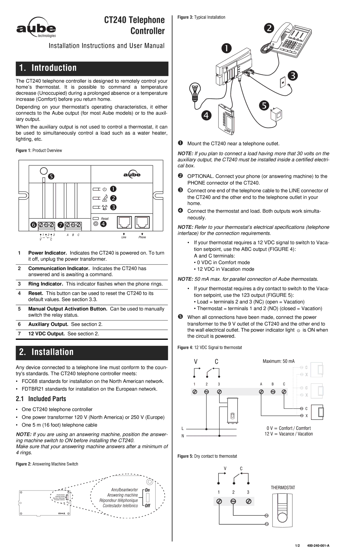 Aube Technologies CT240 installation instructions Ntroduction, Nstallation, Included Parts 