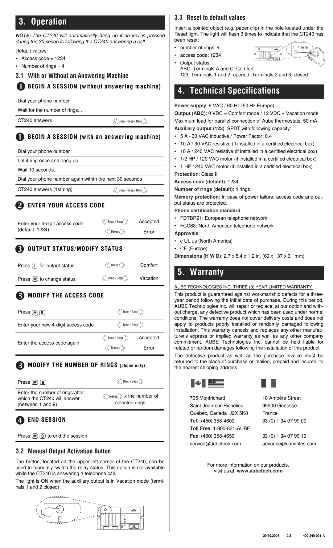 Aube Technologies CT240 installation instructions Operation, Technical Speci fi cations, Warranty 