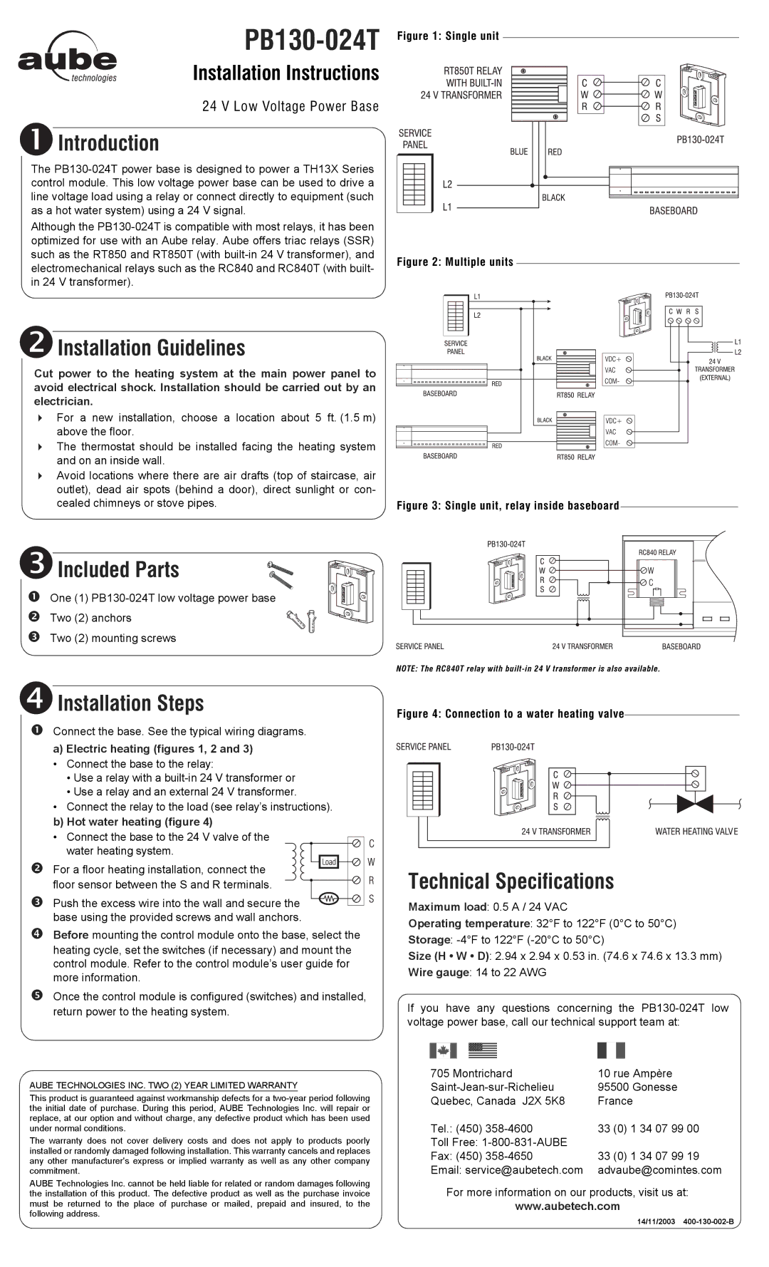 Aube Technologies PB1 30-024T installation instructions Introduction, Installation Guidelines, Included Parts 