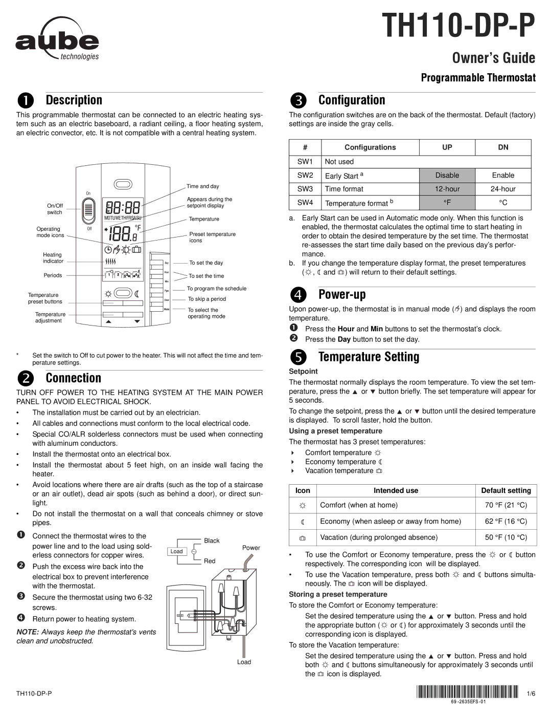 Aube Technologies programmable thermostat manual Owner’s Guide 