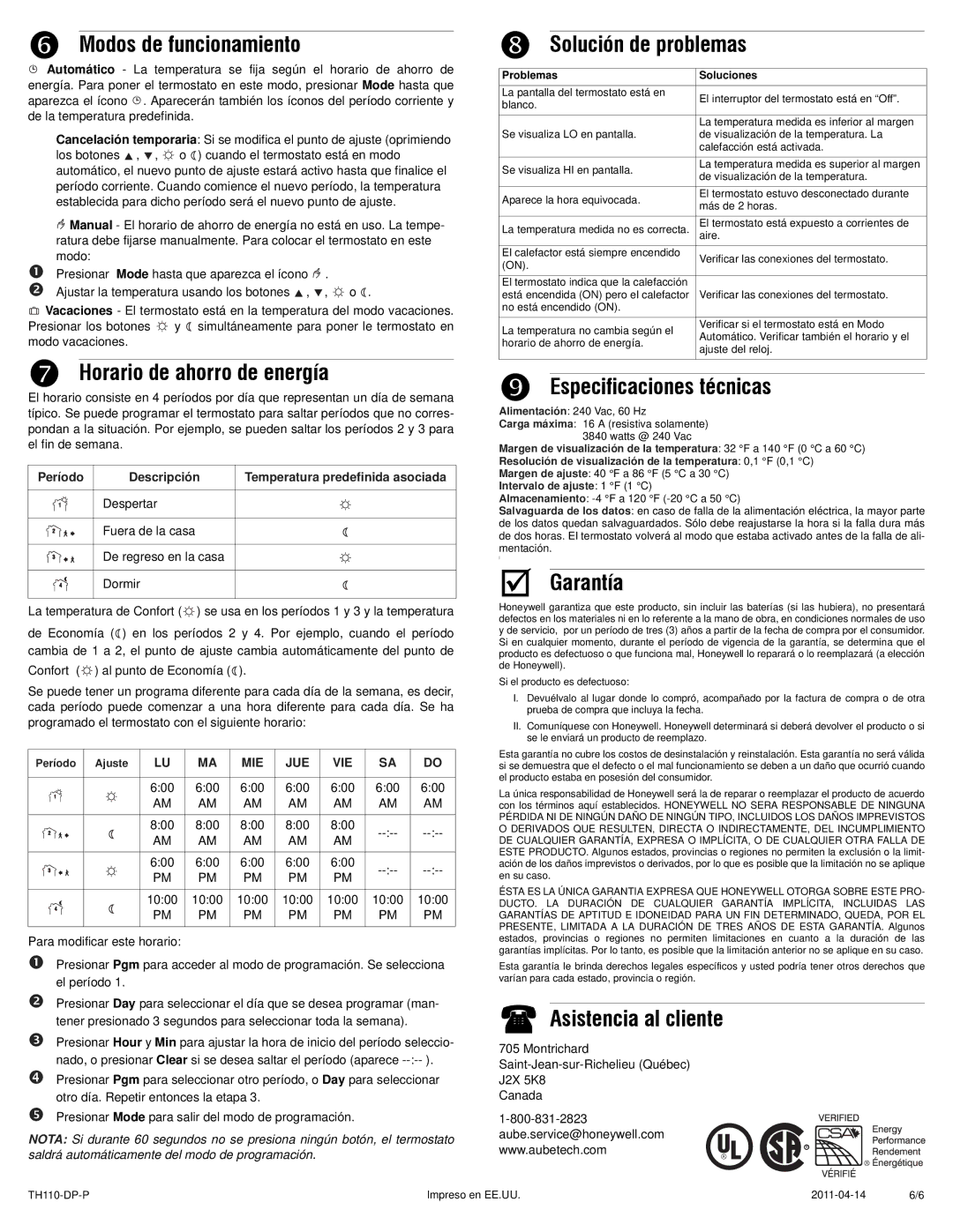 Aube Technologies programmable thermostat manual  Modos de funcionamiento,  Horario de ahorro de energía,  Garantía 