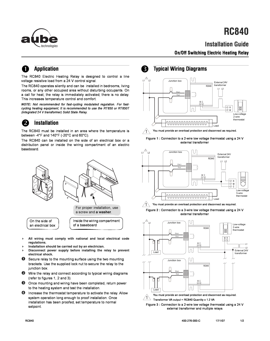 Aube Technologies RC840 manual n Application, o Installation, p Typical Wiring Diagrams, Installation Guide 