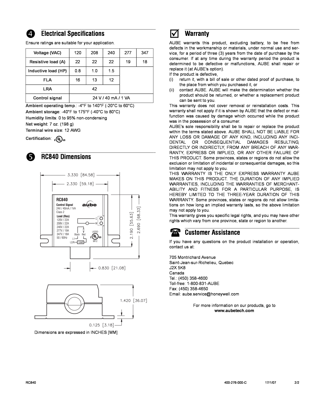 Aube Technologies manual q Electrical Specifications, r RC840 Dimensions, Warranty, Customer Assistance, Voltage VAC 
