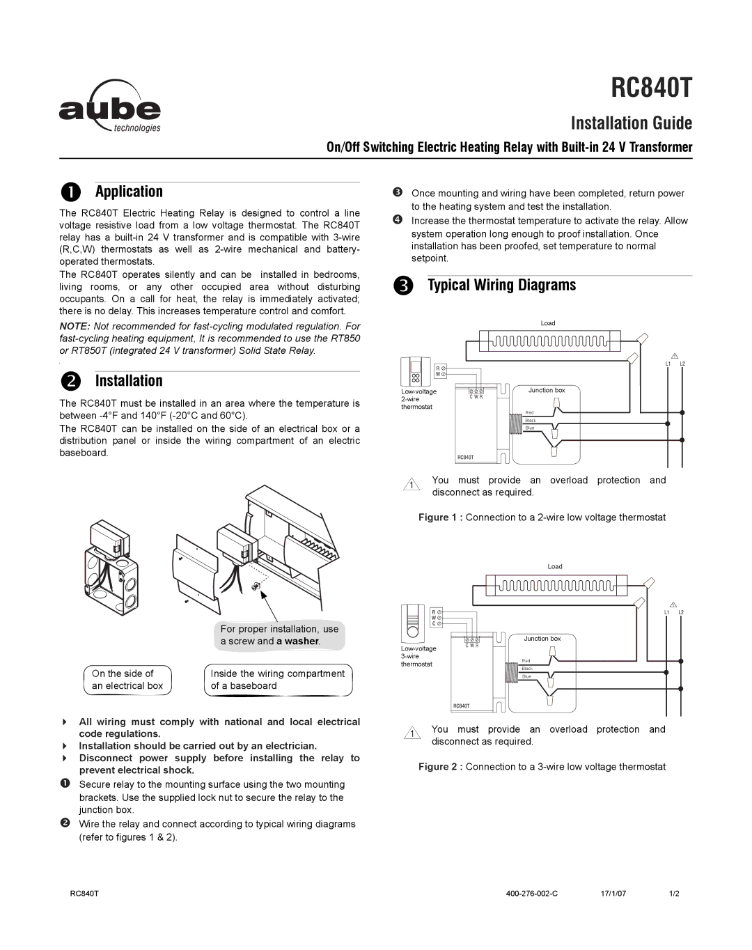 Aube Technologies RC840T manual Installation Guide, Application, Typical Wiring Diagrams Installation 