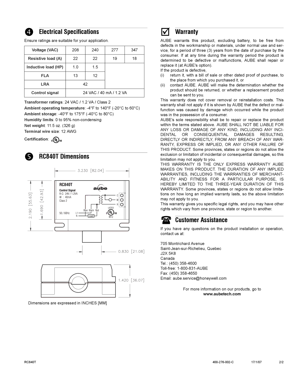 Aube Technologies manual Electrical Specifications, RC840T Dimensions, Warranty, Customer Assistance, Fla Lra 