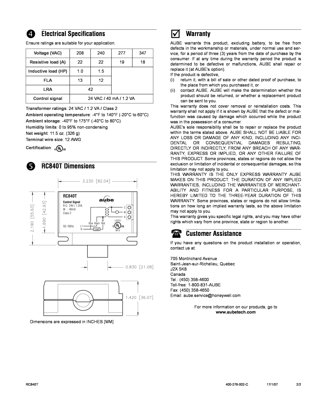 Aube Technologies manual q Electrical Specifications, r RC840T Dimensions, Warranty, Customer Assistance, Voltage VAC 