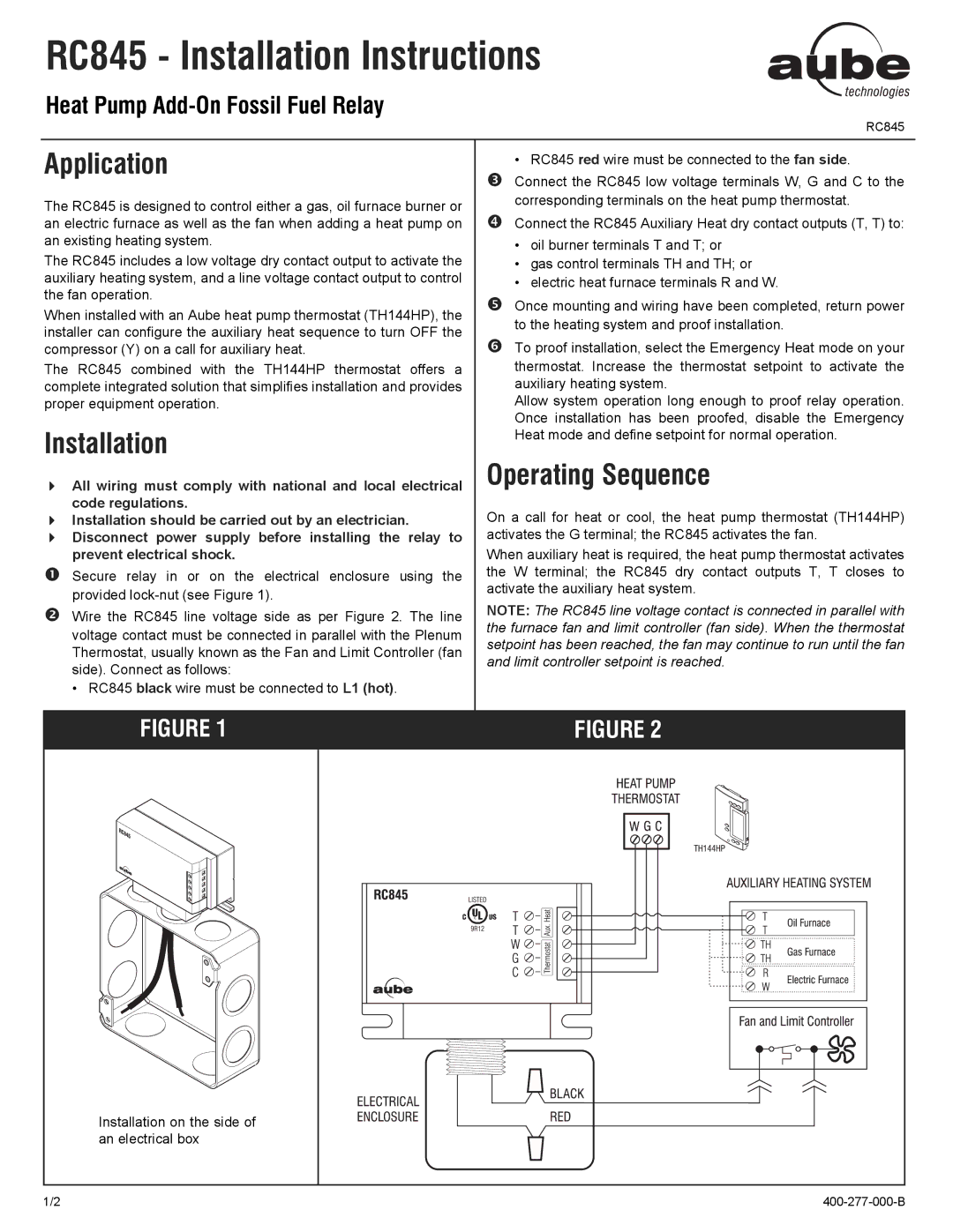 Aube Technologies RC845 installation instructions Application, Installation, Operating Sequence 