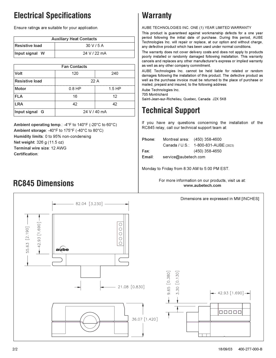 Aube Technologies installation instructions Electrical Specifications Warranty, Technical Support, RC845 Dimensions 