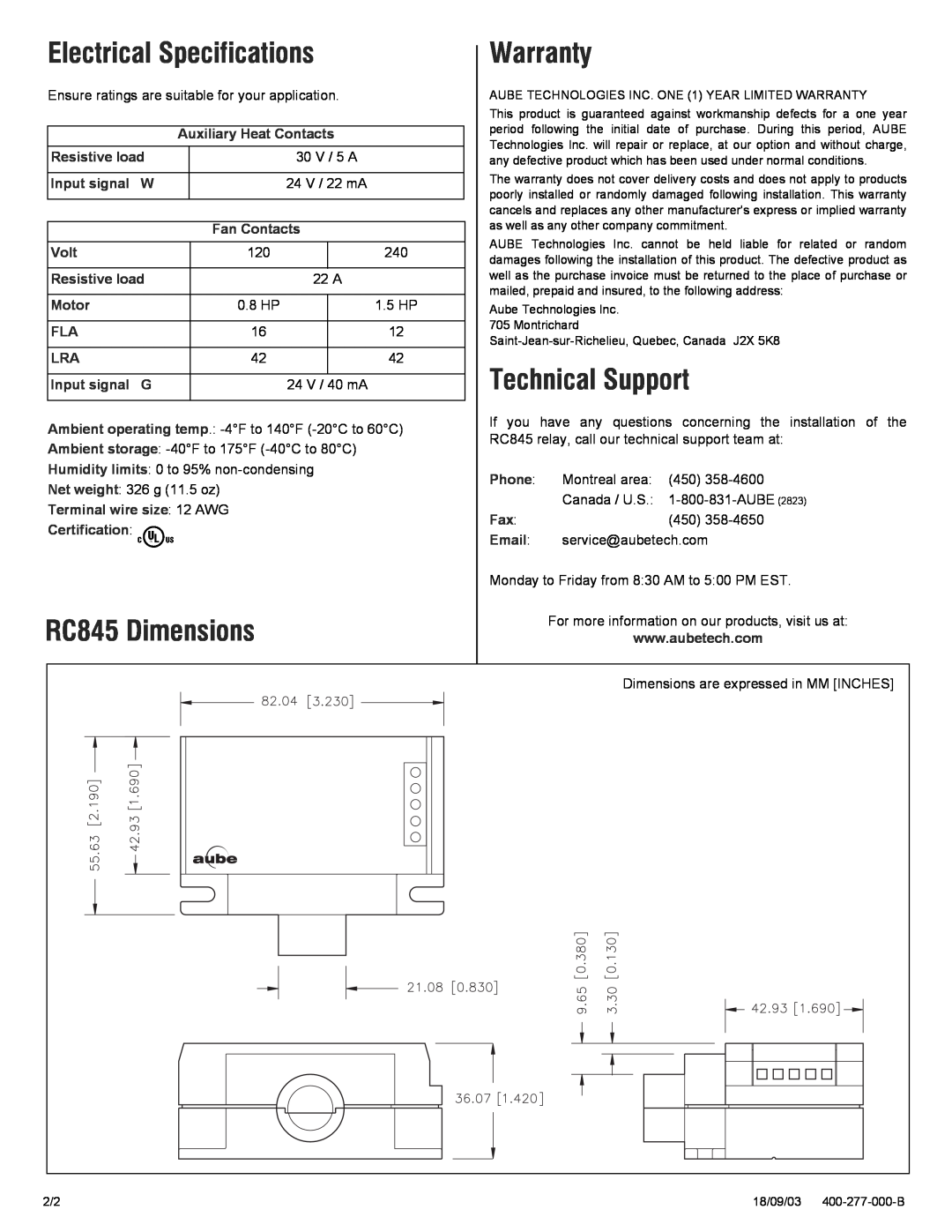 Aube Technologies installation instructions Electrical Specifications, Warranty, Technical Support, RC845 Dimensions 