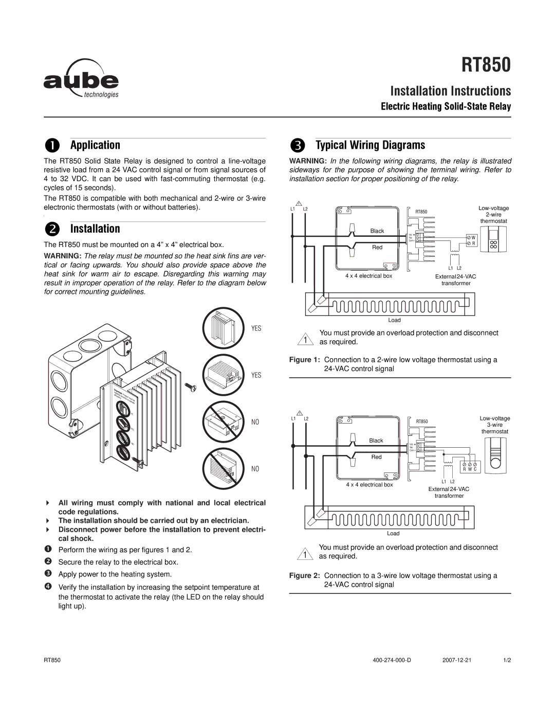 Aube Technologies RT850 installation instructions Installation Instructions, Application Typical Wiring Diagrams 