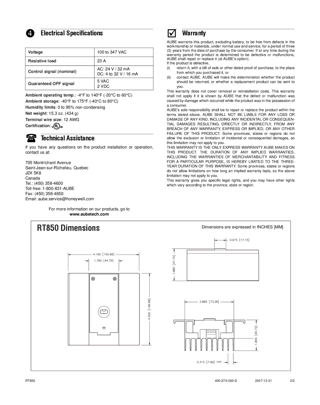 Aube Technologies RT850 installation instructions Electrical Specifications, Technical Assistance, Warranty 