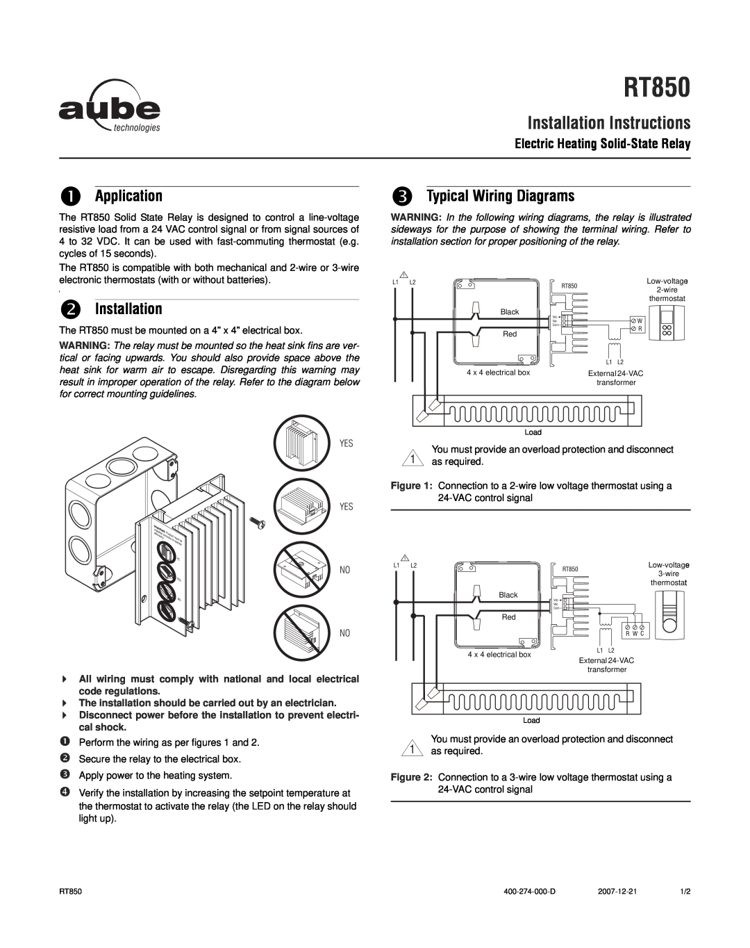 Aube Technologies RT850 installation instructions Application, Typical Wiring Diagrams, o Installation 