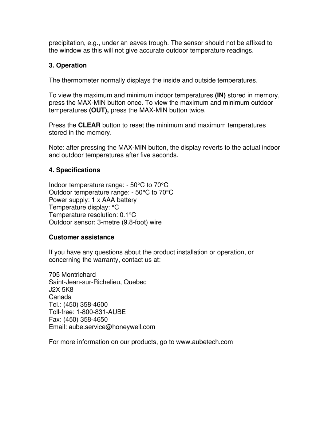 Aube Technologies TE501 manual Operation, Specifications, Customer assistance 