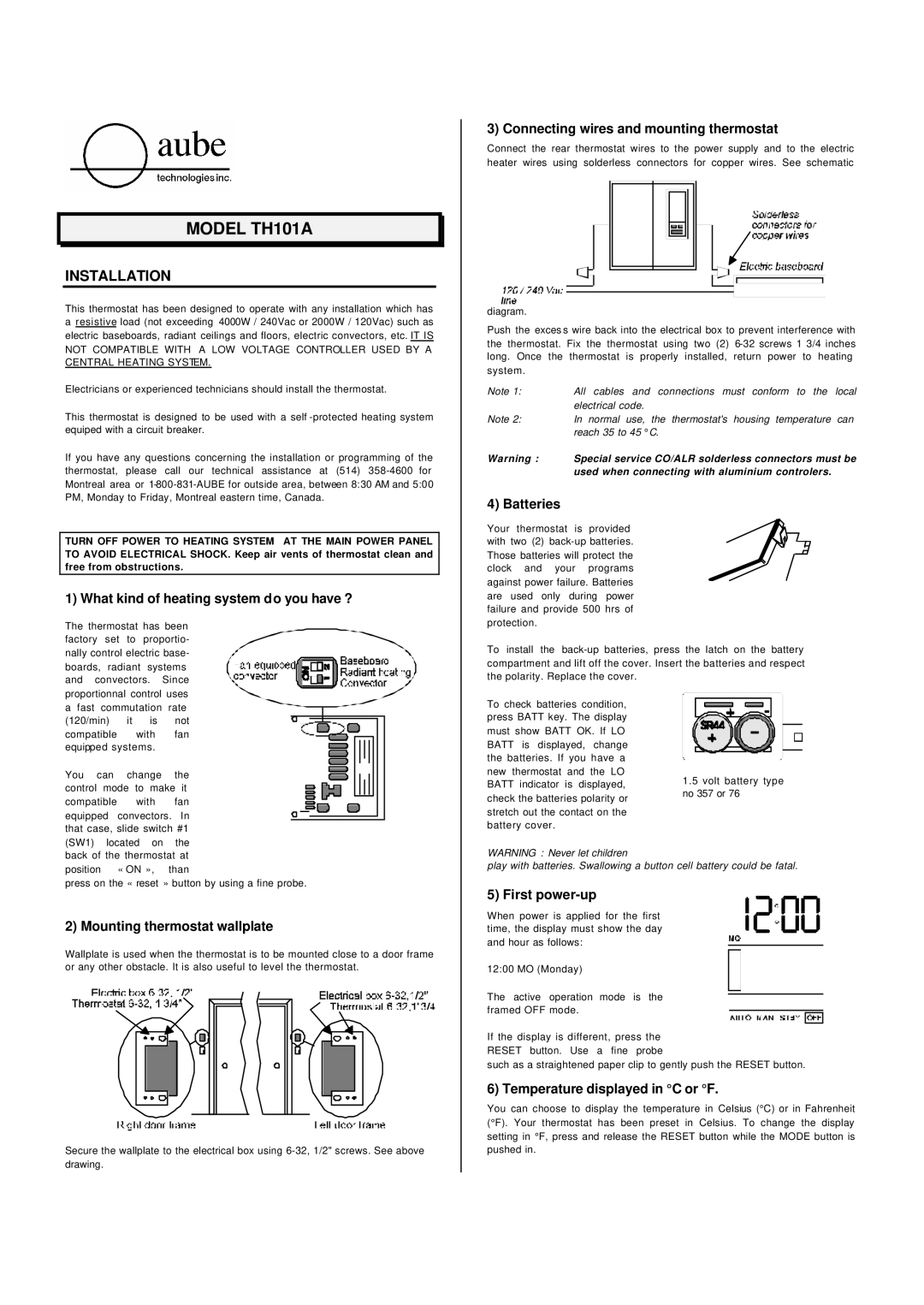 Aube Technologies TH101A manual Installation 