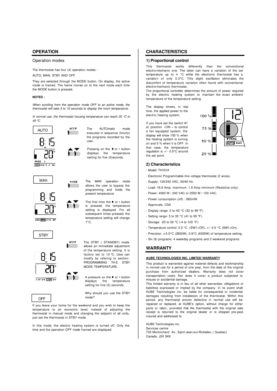 Aube Technologies TH101A manual Operation, Characteristics, Warranty, Proportional control 