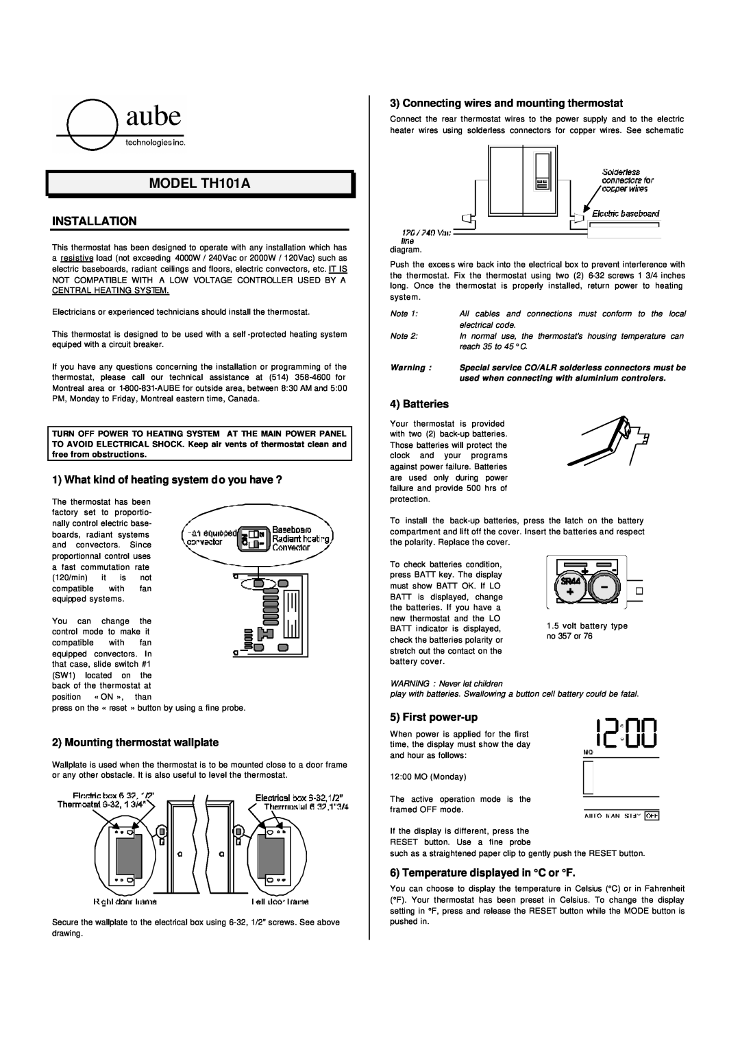 Aube Technologies TH101A manual Installation, What kind of heating system do you have ?, Batteries, First power-up 