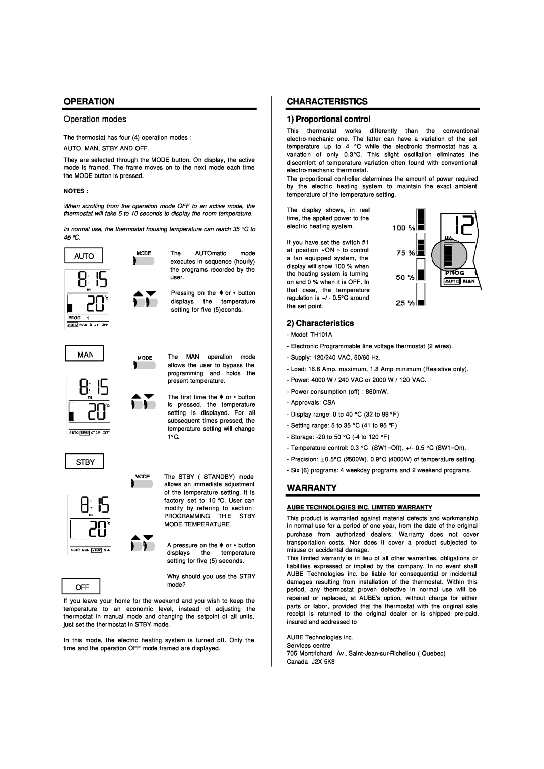 Aube Technologies TH101A manual Characteristics, Warranty, Operation modes, Proportional control, Auto, Stby 
