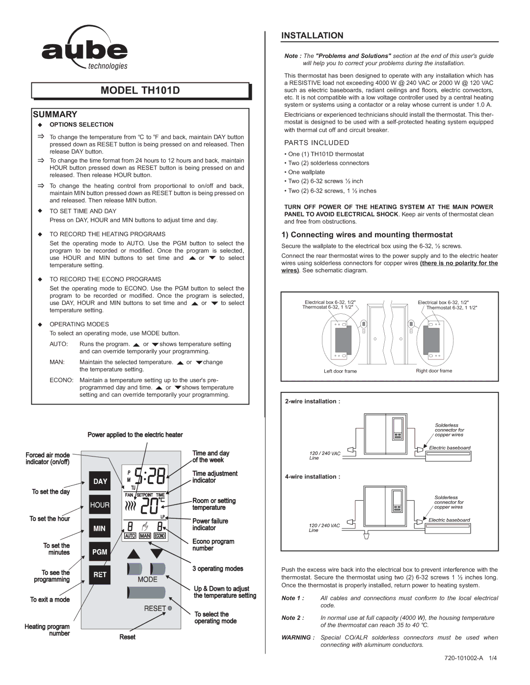 Aube Technologies TH101D manual Summary, Installation, Connecting wires and mounting thermostat, Options Selection 