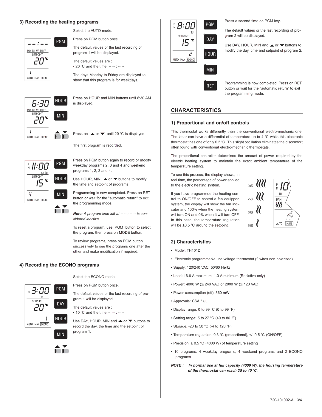 Aube Technologies TH101D manual Characteristics, Recording the heating programs, Recording the Econo programs 