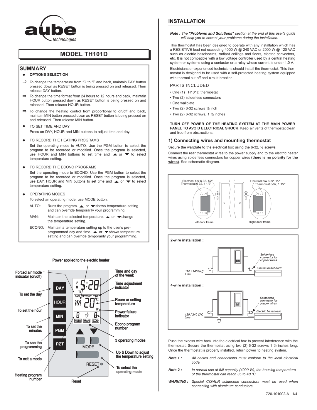 Aube Technologies manual Summary, Installation, Connecting wires and mounting thermostat, MODEL TH101D, Parts Included 
