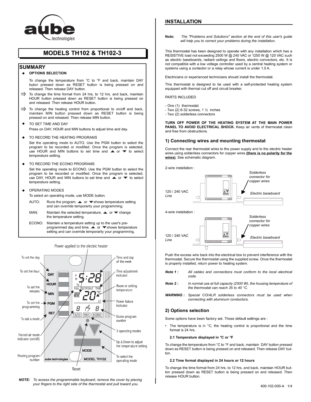 Aube Technologies TH102-3 manual Summary, Installation, Connecting wires and mounting thermostat, Options selection 