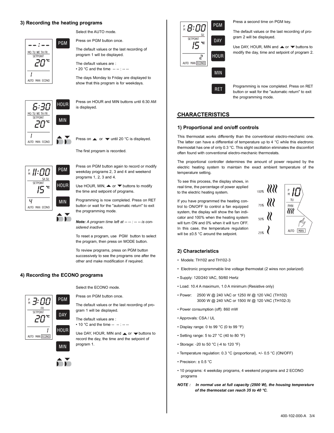 Aube Technologies TH102-3 manual Characteristics, Recording the heating programs, Recording the Econo programs 