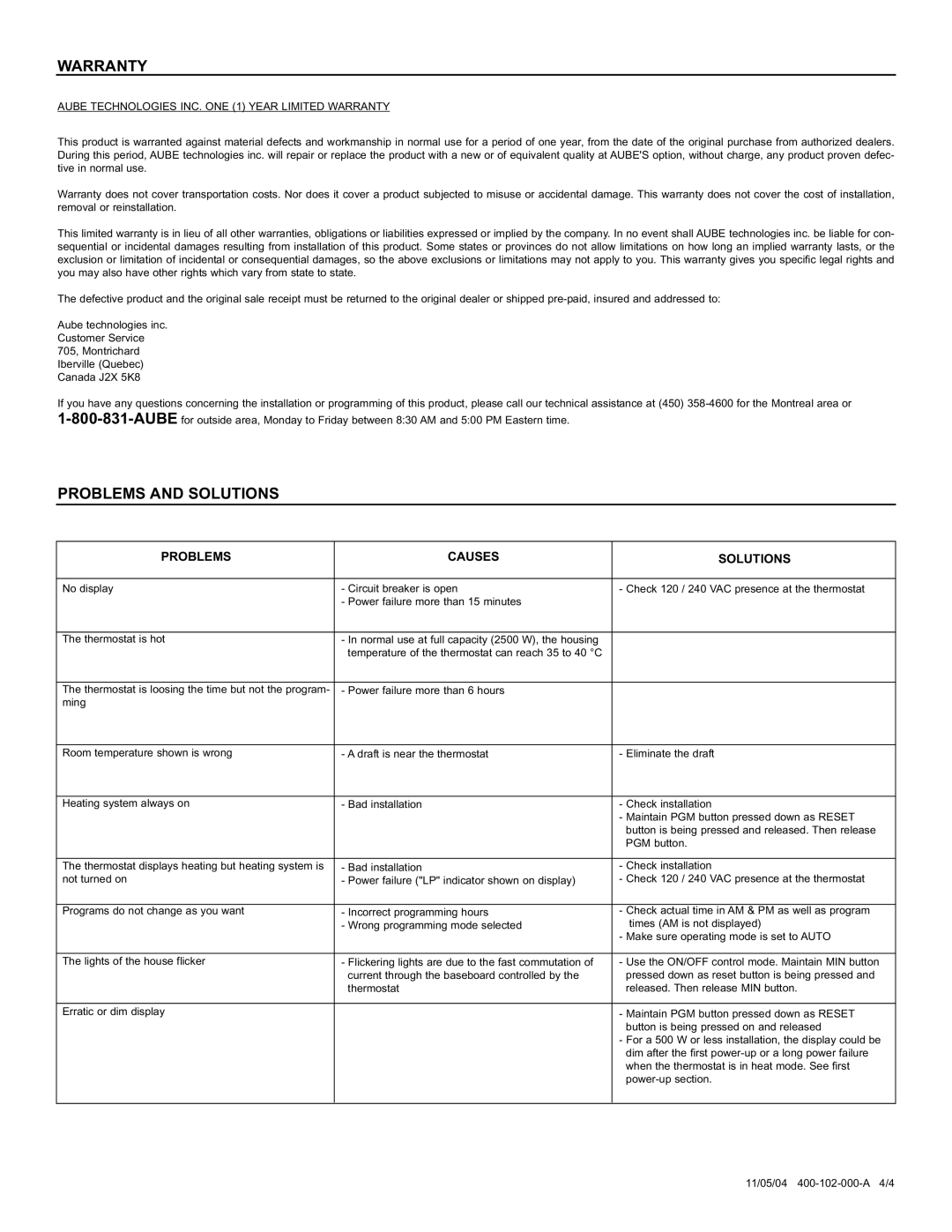 Aube Technologies TH102-3 manual Problems and Solutions, Aube Technologies INC. ONE 1 Year Limited Warranty 