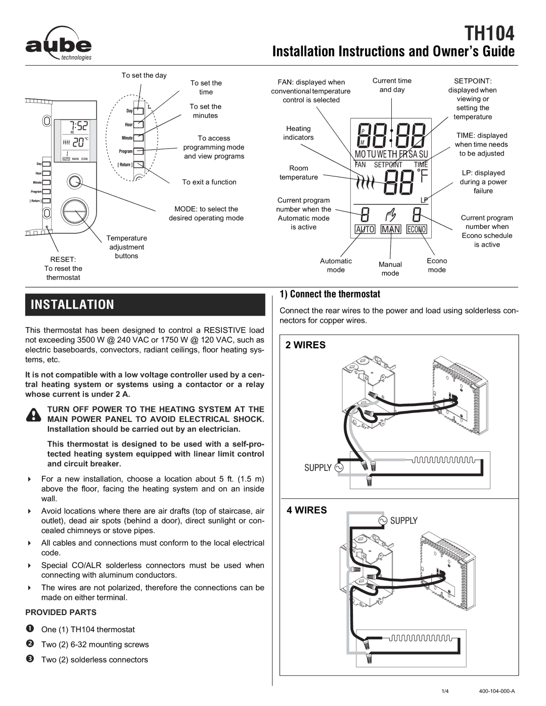 Aube Technologies TH104 installation instructions Nstallati on, Connect the thermostat 