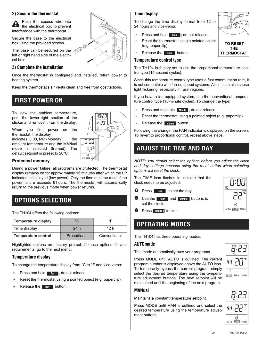 Aube Technologies TH104 FI RST Power on, ADJ UST the TI ME and DAY, Opti on S Selection, Operati N G Modes 