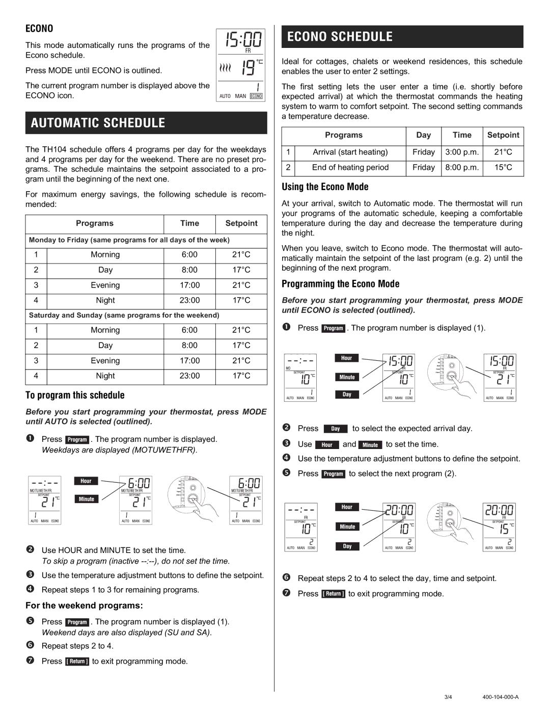 Aube Technologies TH104 Automatic Schedule, Econo Schedule, To program this schedule, Using the Econo Mode 