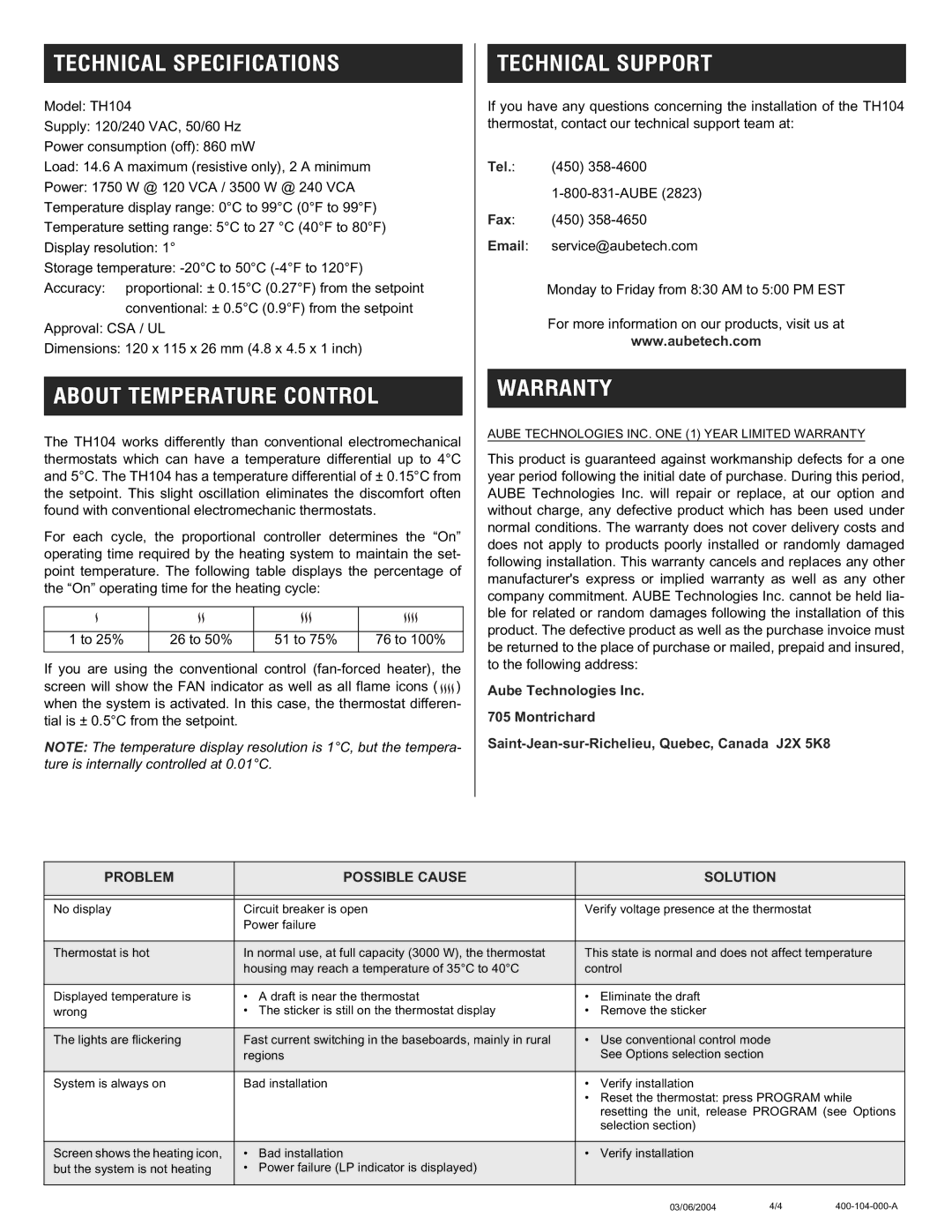 Aube Technologies TH104 Techn I CAL Speci FI Cation S, About Temperature CON Trol, Techn I CAL Support, Warranty 