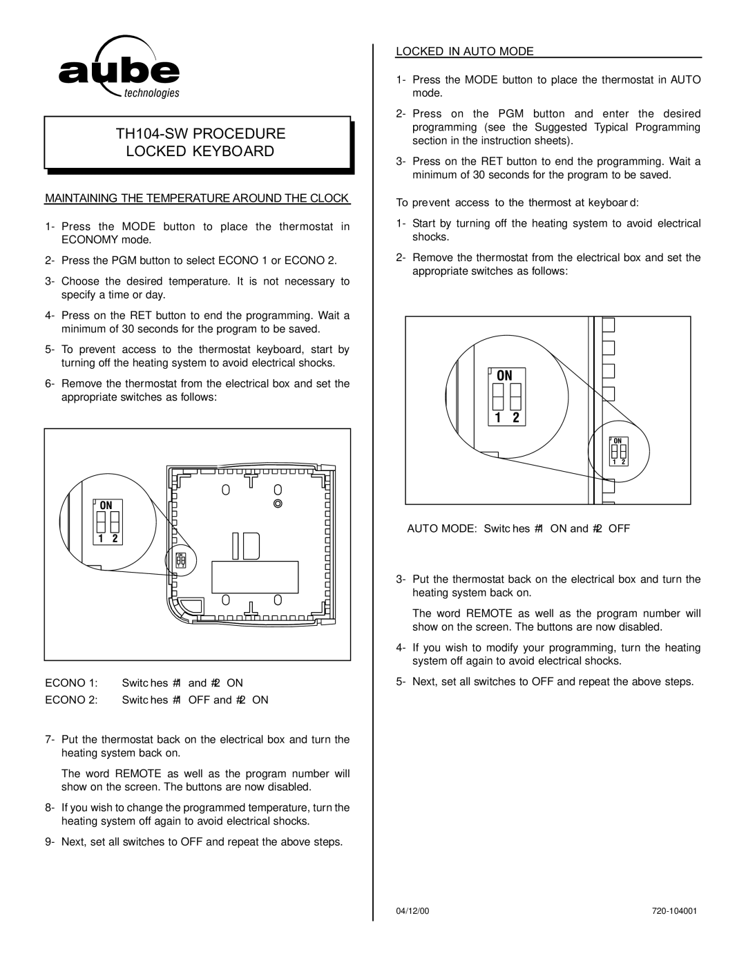 Aube Technologies installation instructions TH104-SW Procedure Locked Keyboard 