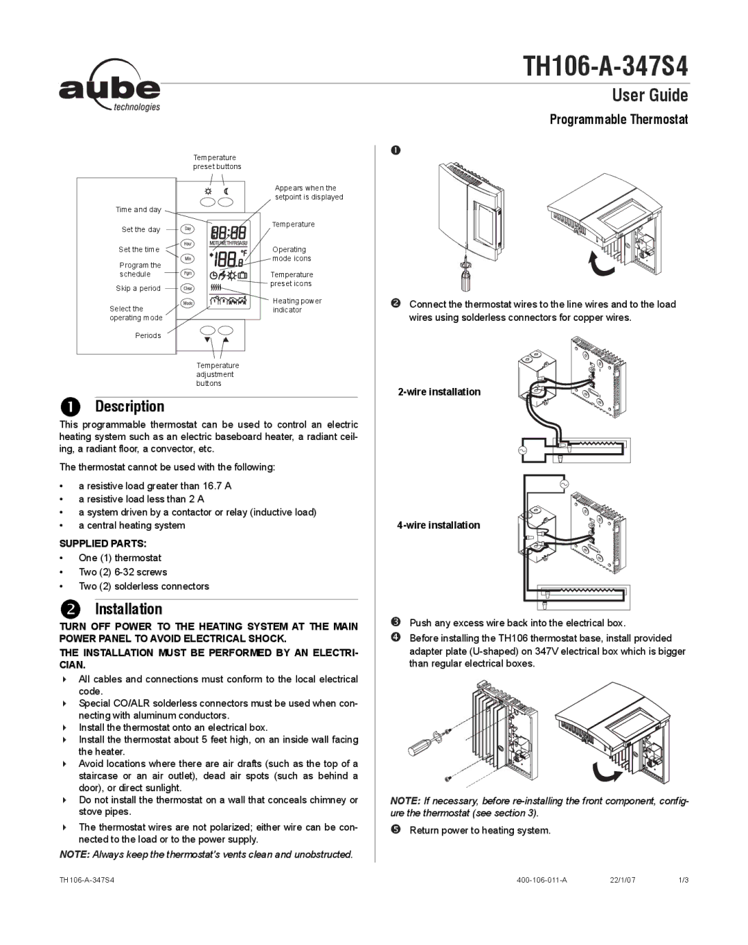 Aube Technologies TH106-A-347S4 manual Description, Installation 