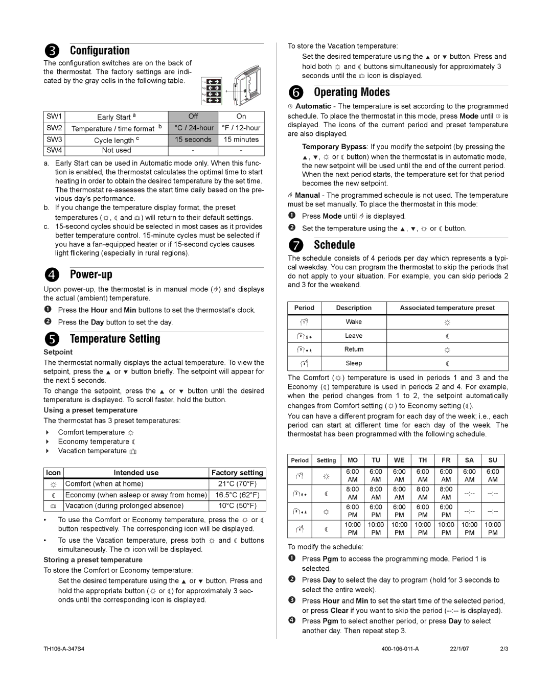 Aube Technologies TH106-A-347S4 manual Configuration, Power-up, Temperature Setting, Operating Modes, Schedule 