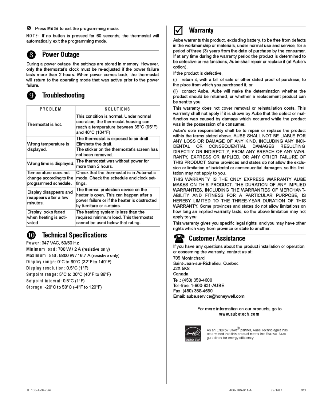 Aube Technologies TH106-A-347S4 Power Outage, Troubleshooting, Technical Specifications, Warranty, Customer Assistance 