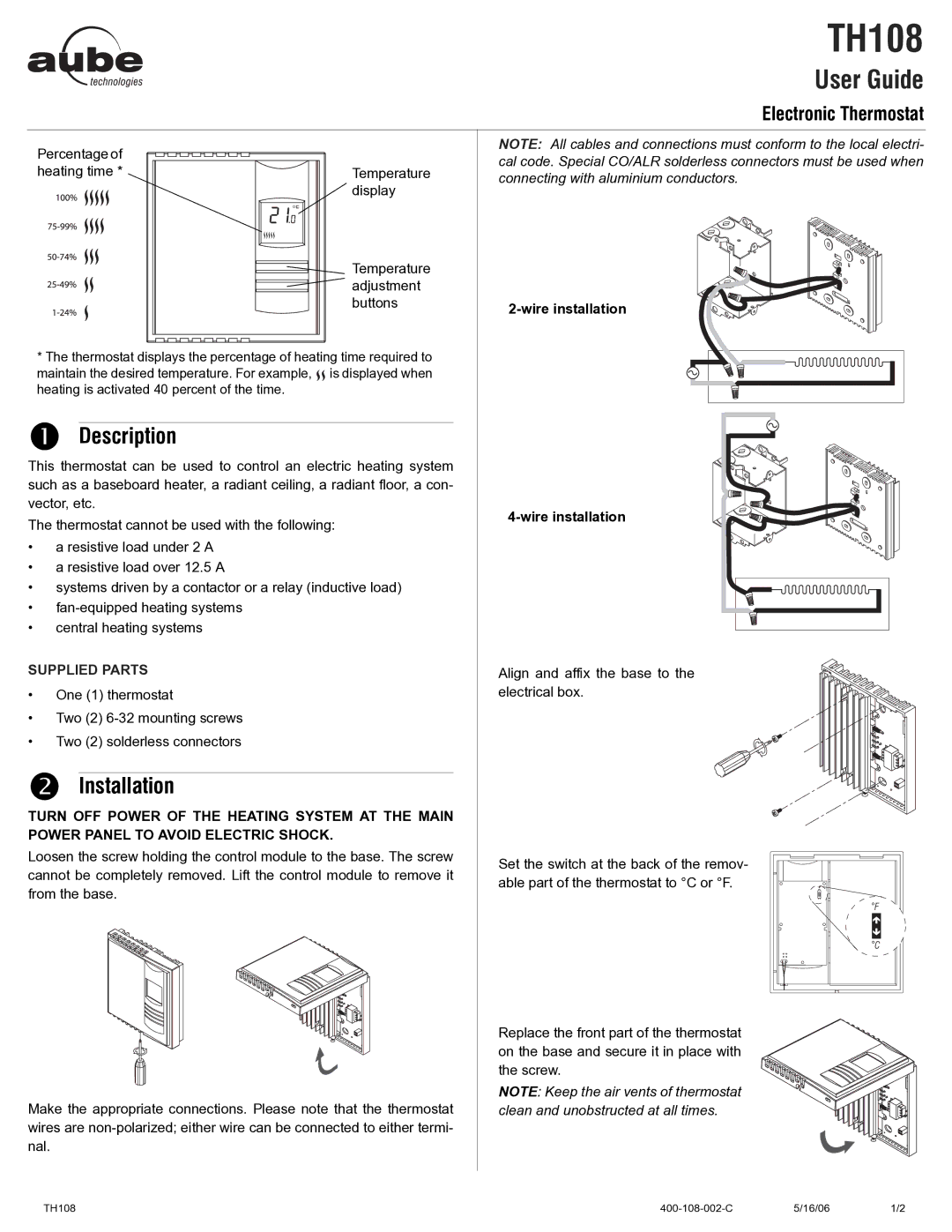 Aube Technologies TH108 manual Description, Installation 