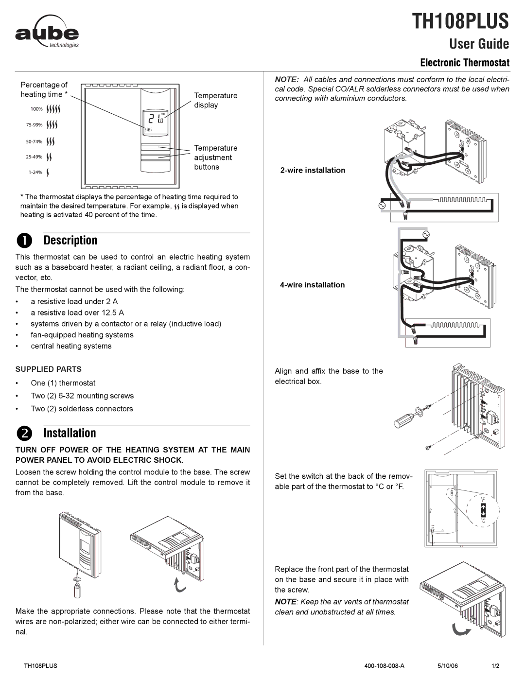 Aube Technologies TH108PLUS manual Description, Installation 