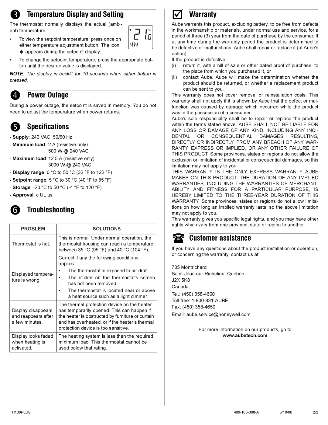 Aube Technologies TH108PLUS manual Temperature Display and Setting, Power Outage, Specifications, Troubleshooting, Warranty 