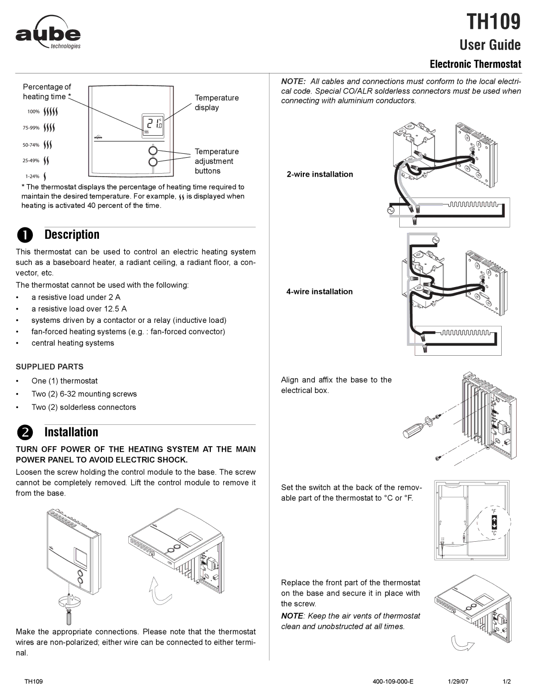 Aube Technologies TH109 manual Description, Installation 