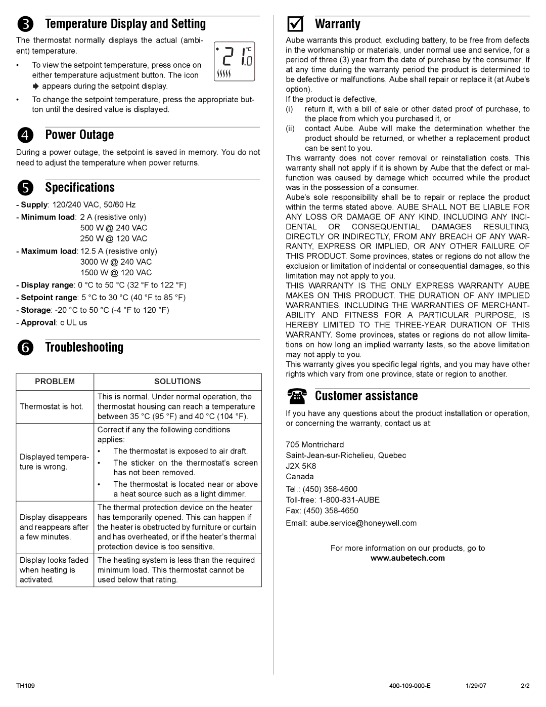 Aube Technologies TH109 manual Temperature Display and Setting, Power Outage, Specifications, Troubleshooting, Warranty 