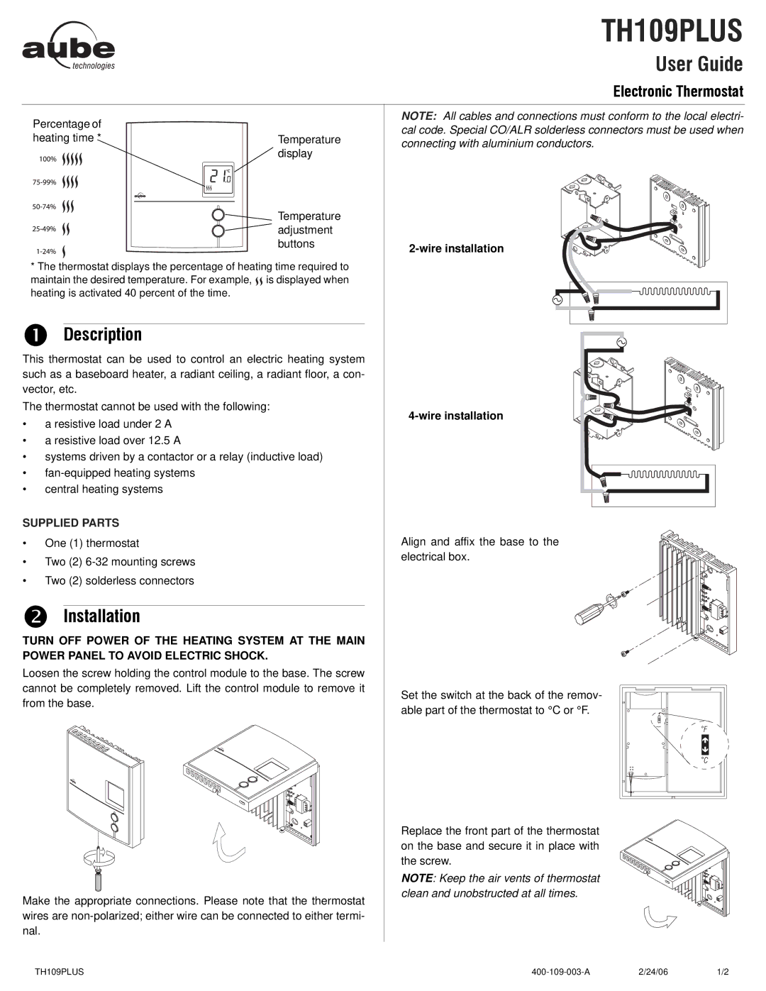 Aube Technologies TH109PLUS manual Description, Installation 