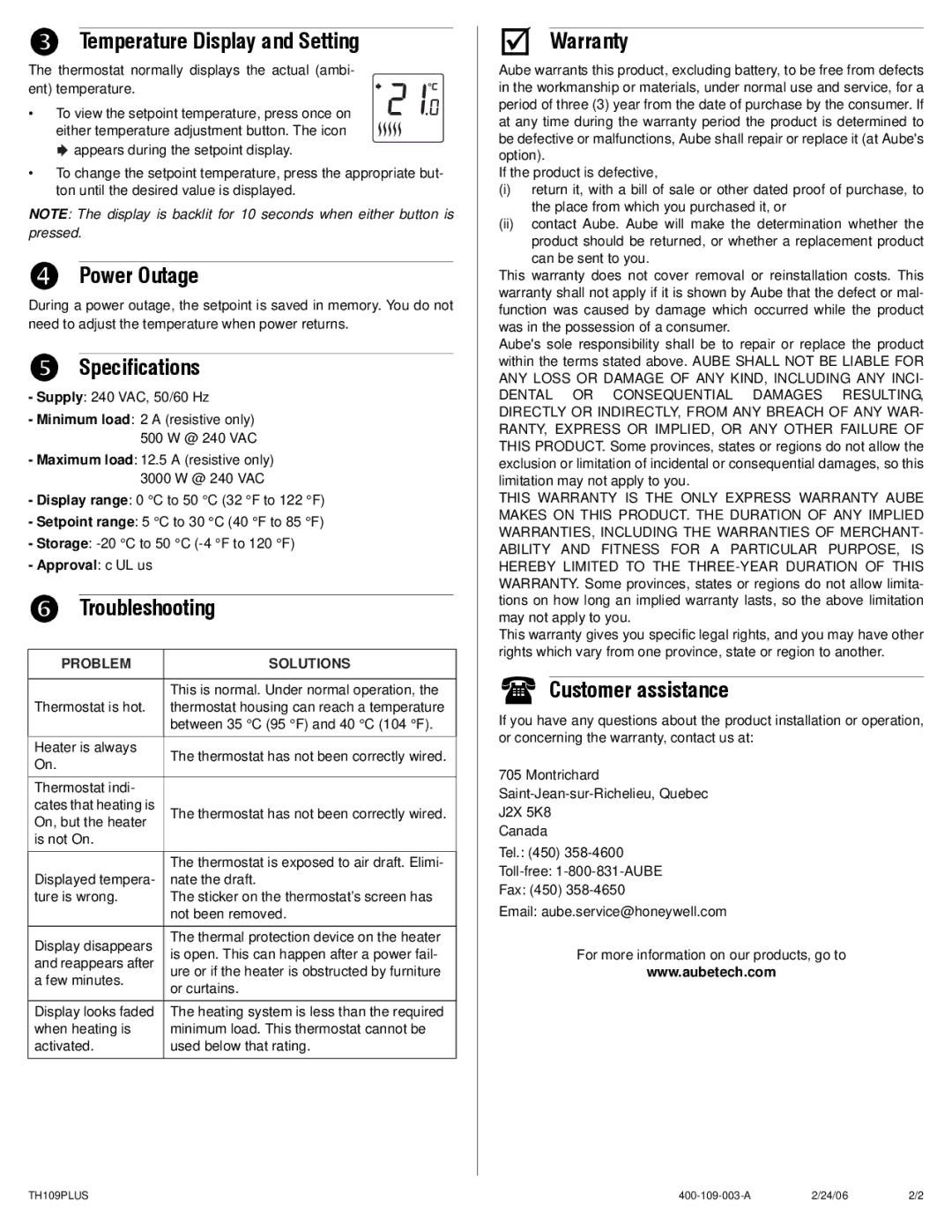 Aube Technologies TH109PLUS manual Temperature Display and Setting, Power Outage, Specifications, Troubleshooting, Warranty 